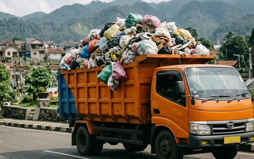 Truk pengangkut sampah di tengah aktivitas padat pusat Kota Bandung dengan latar gedung perkantoran
