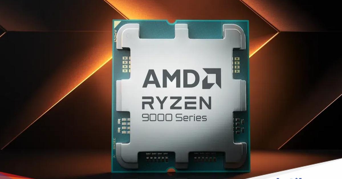 Ilustrasi prosesor AMD Ryzen dengan logo perusahaan di latar belakang