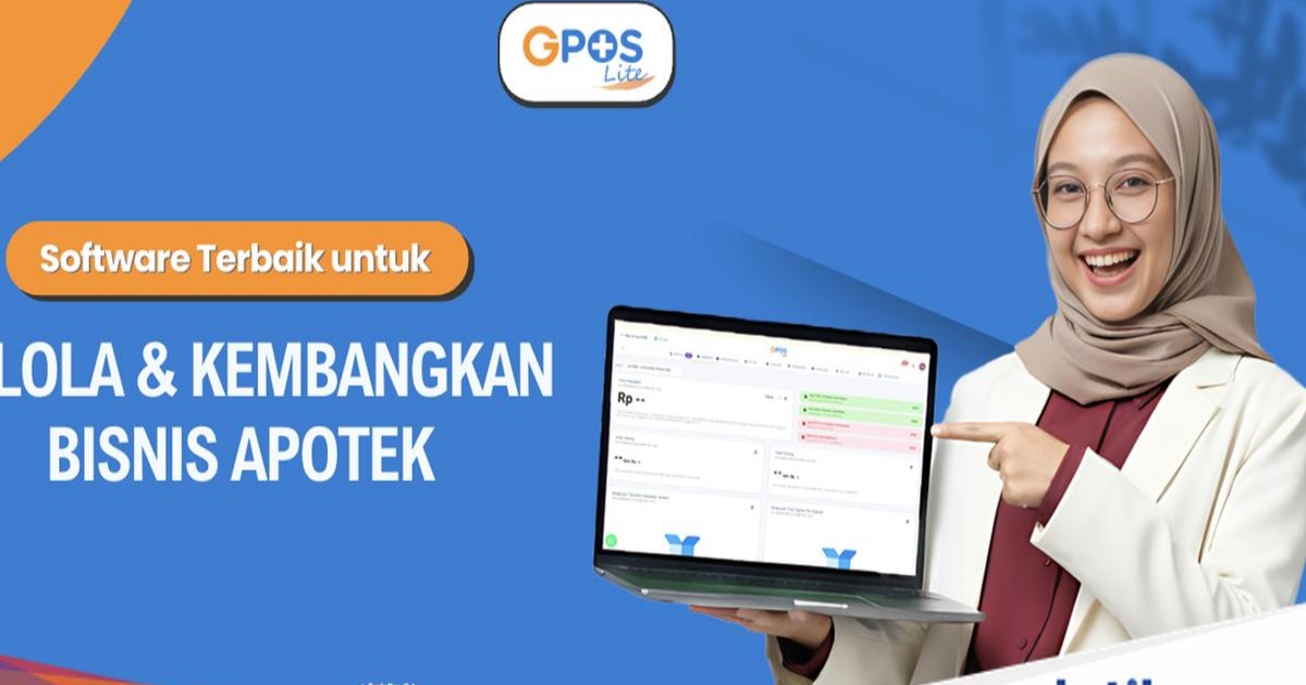 Ilustrasi aplikasi GPOS Lite dengan antarmuka sistem kasir dan manajemen stok untuk apotek modern