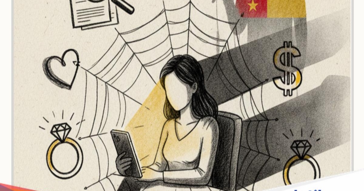 Ilustrasi love scam dengan simbol hati patah dan ikon mata uang sebagai representasi penipuan asmara online