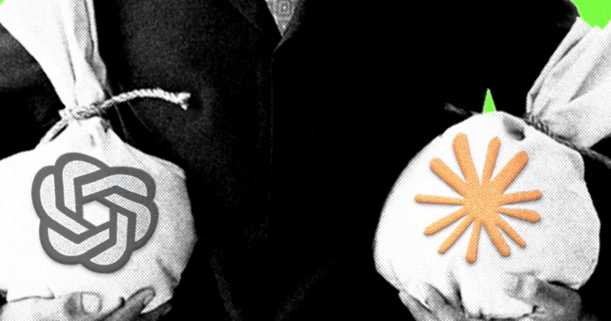 Ilustrasi logo OpenAI dan Anthropic dengan grafik investor bersama