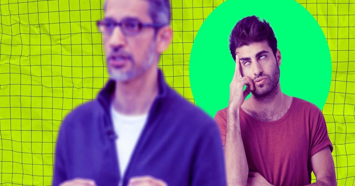 Ilustrasi foto yang menampilkan CEO Google Sundar Pichai di latar depan sementara seorang pria di belakangnya memutar mata.
