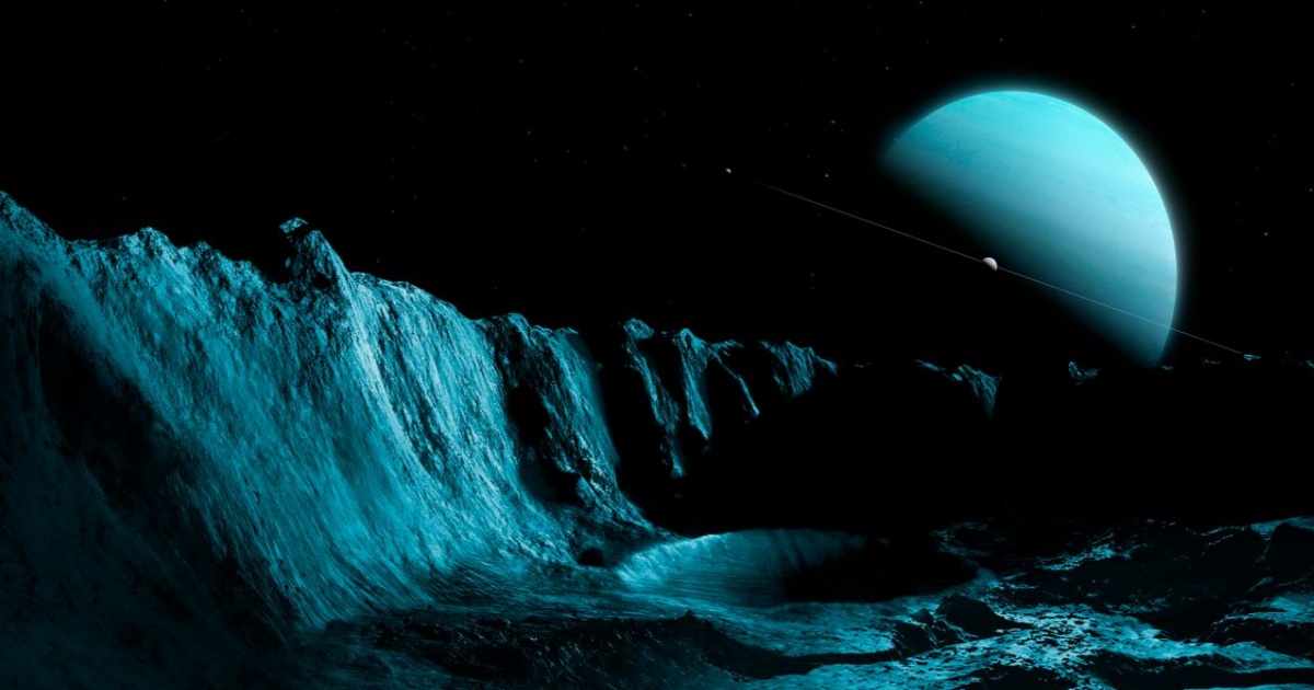 Ilustrasi Bulan Uranus Miranda yang tambal sulam sebagai bukti planet hilang