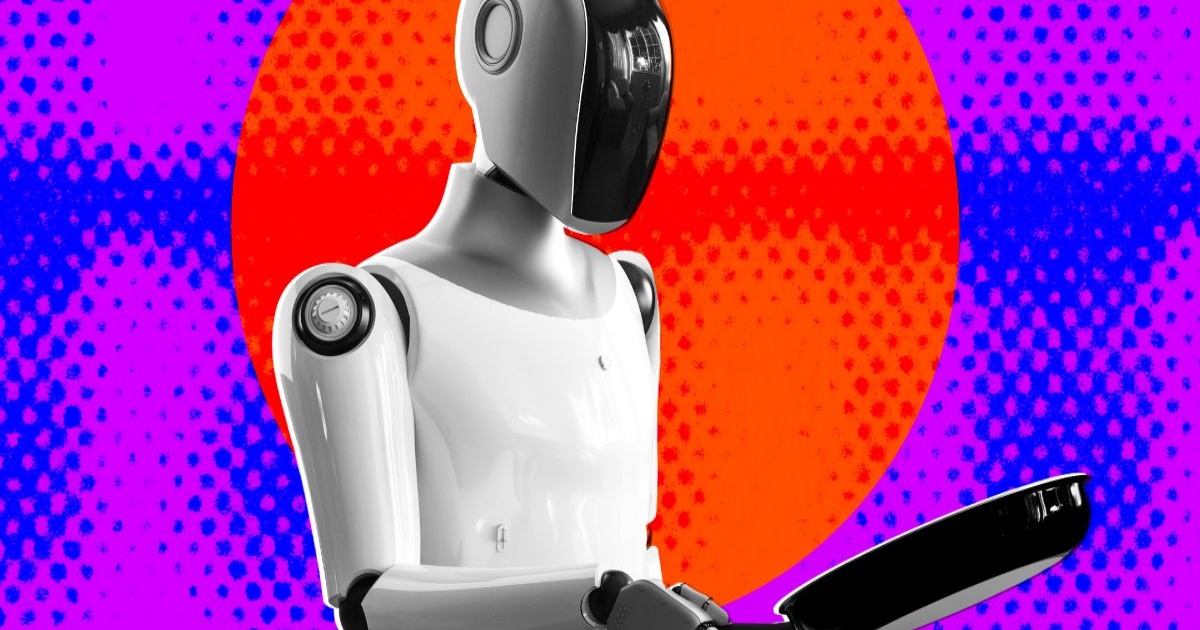 Ilustrasi robot humanoid memegang wajan dengan latar belakang magenta dan oranye, menggambarkan startup robot yang merusak properti Airbnb.