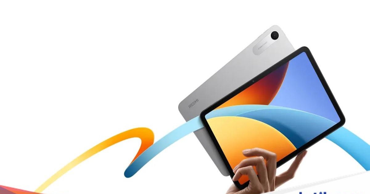 Redmi Pad 2 9.7 tampak depan dengan layar menyala menampilkan wallpaper abstrak