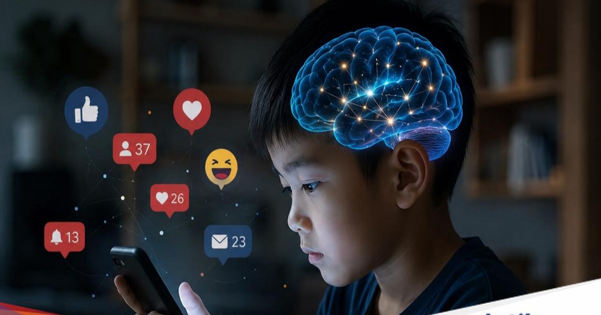 Ilustrasi anak bermain smartphone di tempat tidur dengan latar kamar gelap
