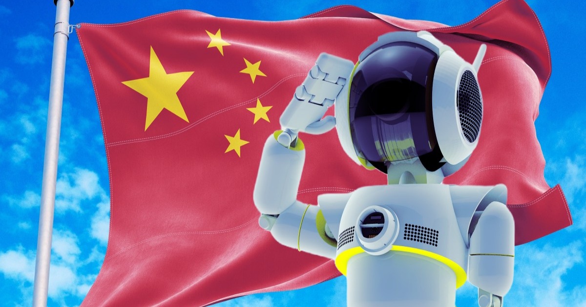 Ilustrasi robot memberi hormat di depan bendera China melambangkan dominasi AI China