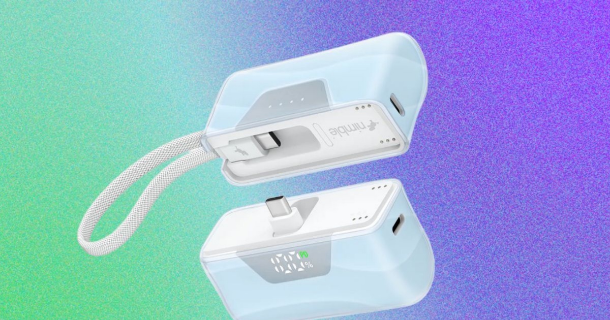 Nimble SharePower power bank modular berwarna biru dengan casing jelly sedang dipisah menjadi dua bagian