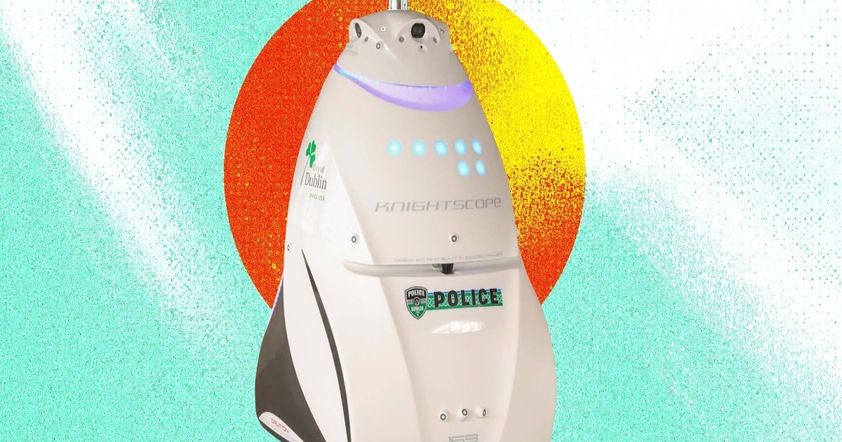 Ilustrasi robot polisi otonom Knightscope K5 bernama DubBot berwarna putih dengan kamera 360 derajat