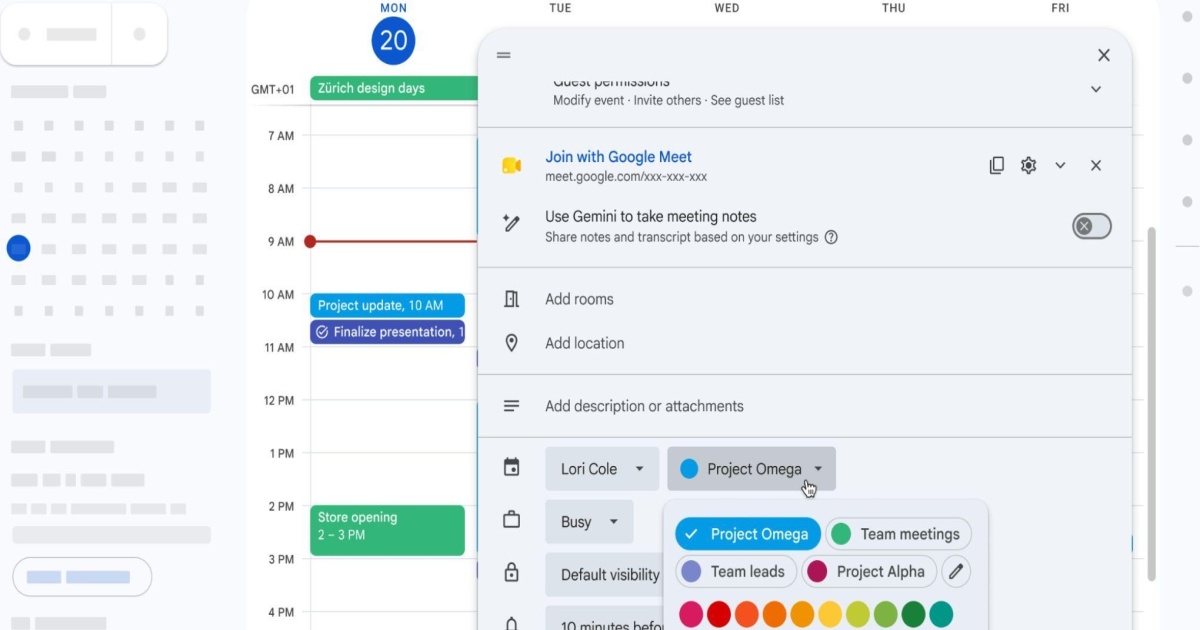 Tampilan antarmuka Google Kalender dengan palet warna baru yang menampilkan 200 pilihan warna untuk setiap event
