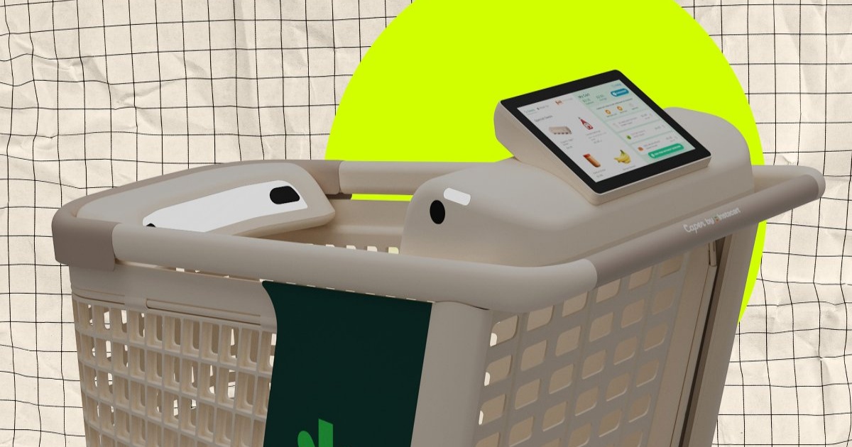 Ilustrasi keranjang belanja pintar Instacart Caper Cart dengan layar sentuh dan sensor kamera