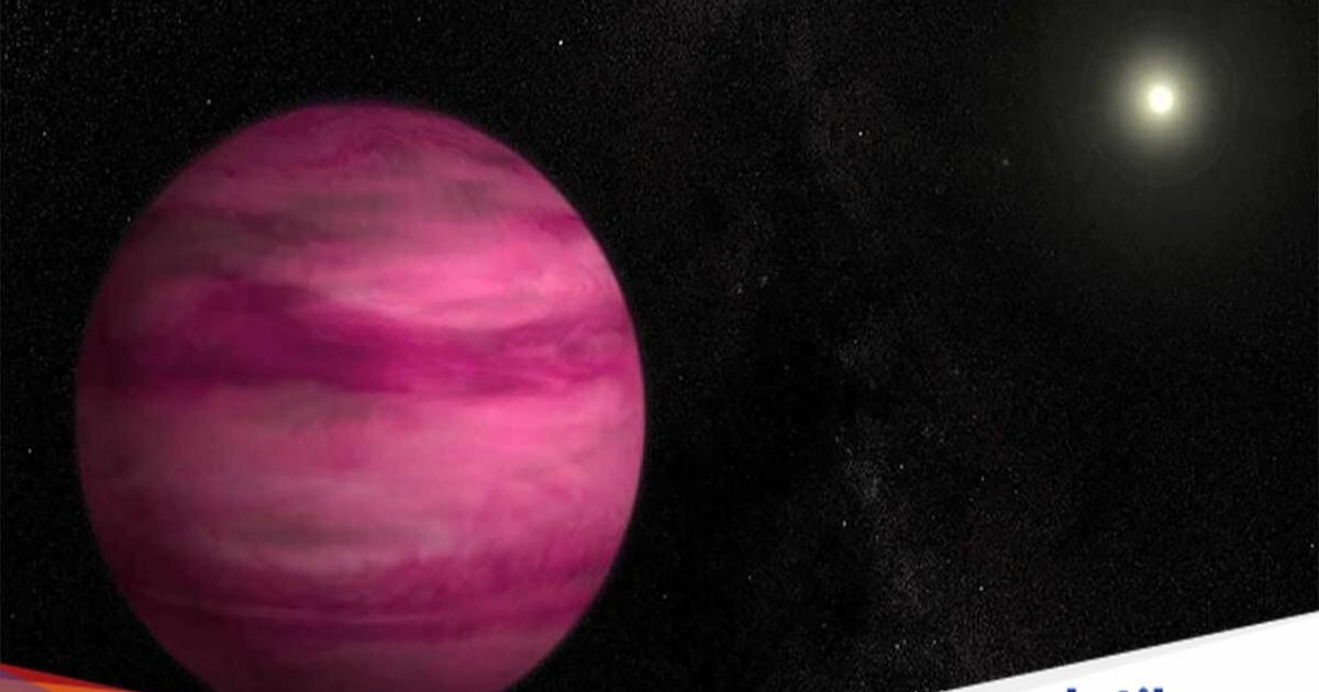 Ilustrasi Planet Pink GJ504b dengan atmosfer berlapis awan garam di luar angkasa