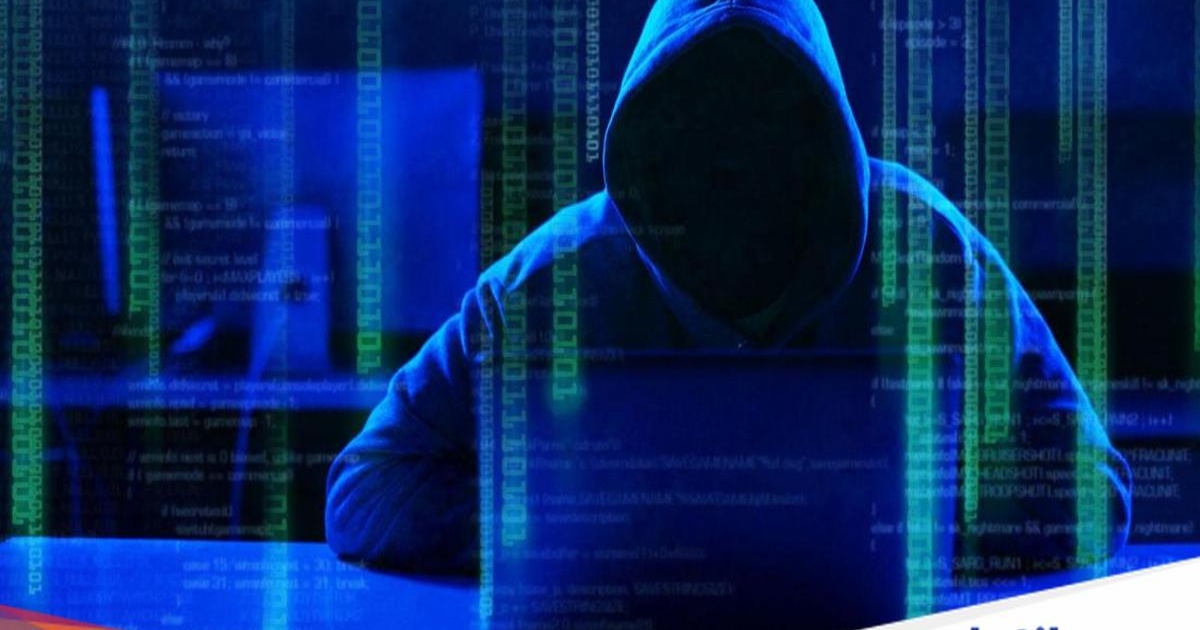 Ilustrasi hacker dengan latar belakang gelap dan kode program