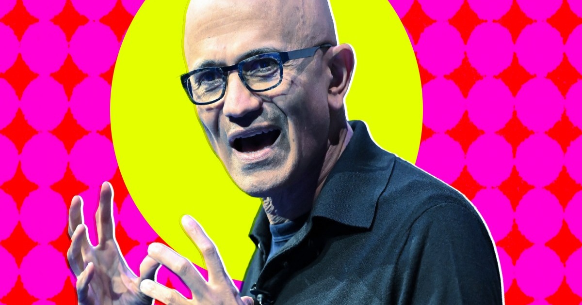 Ilustrasi Satya Nadella, CEO Microsoft, dengan latar belakang teknologi AI