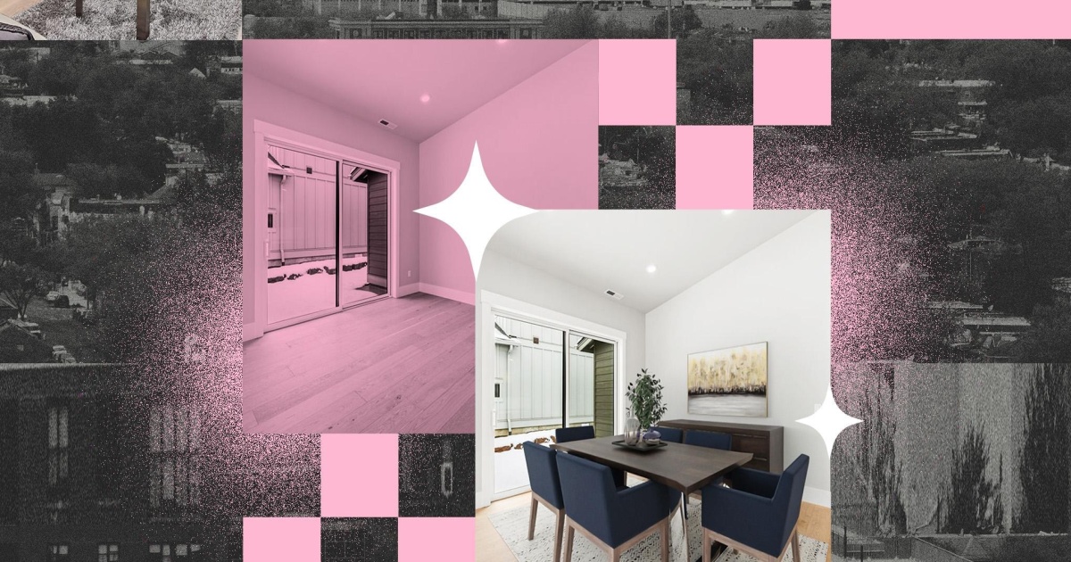 Ilustrasi perbandingan foto apartemen asli dengan hasil editan AI yang menyesatkan