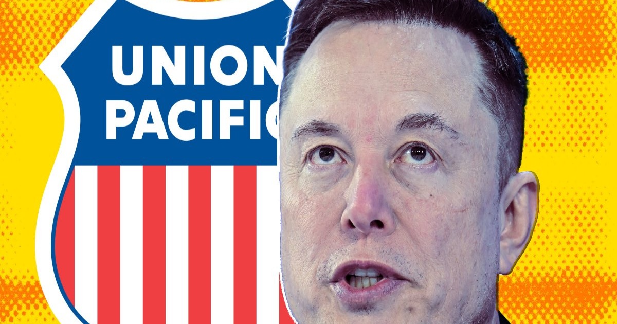 Ilustrasi komposit Elon Musk dan logo Union Pacific di belakangnya