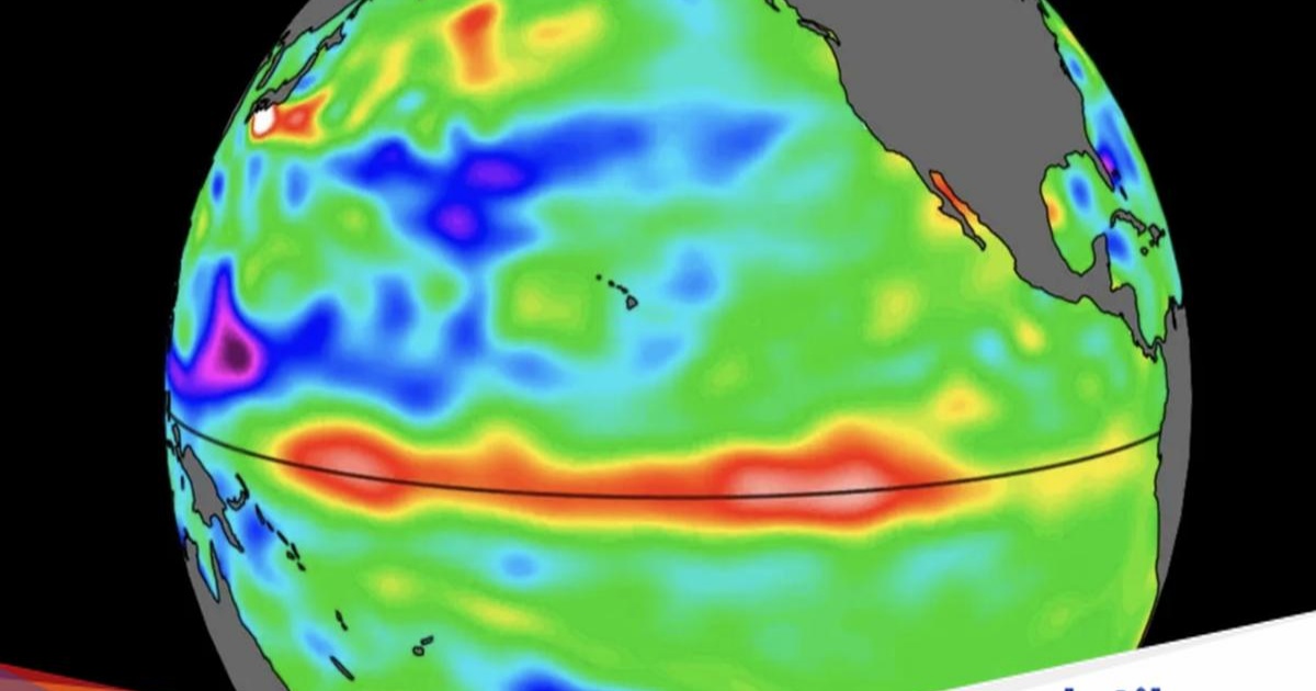 Ilustrasi fenomena El Nino dengan visualisasi suhu permukaan laut yang hangat di Samudra Pasifik