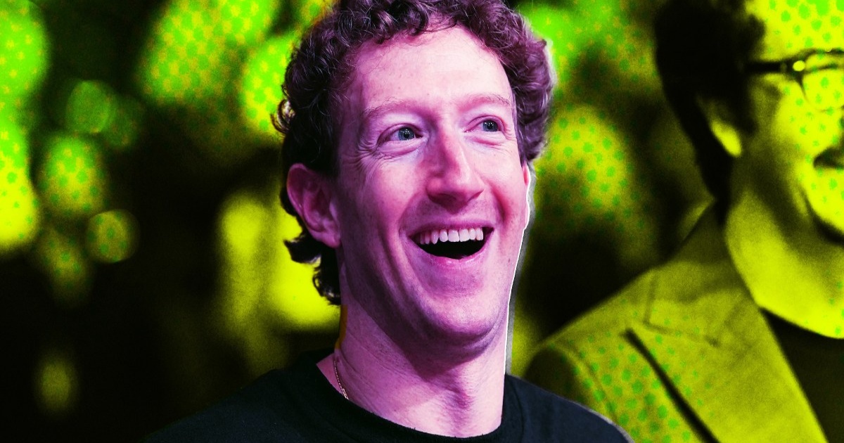 Ilustrasi Mark Zuckerberg dengan latar teknologi AI dan data