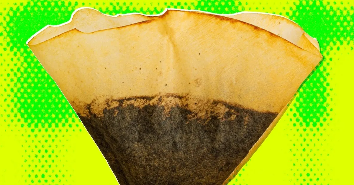 Ilustrasi warna-warni filter kopi bekas penuh ampas kopi yang akan diubah menjadi biochar