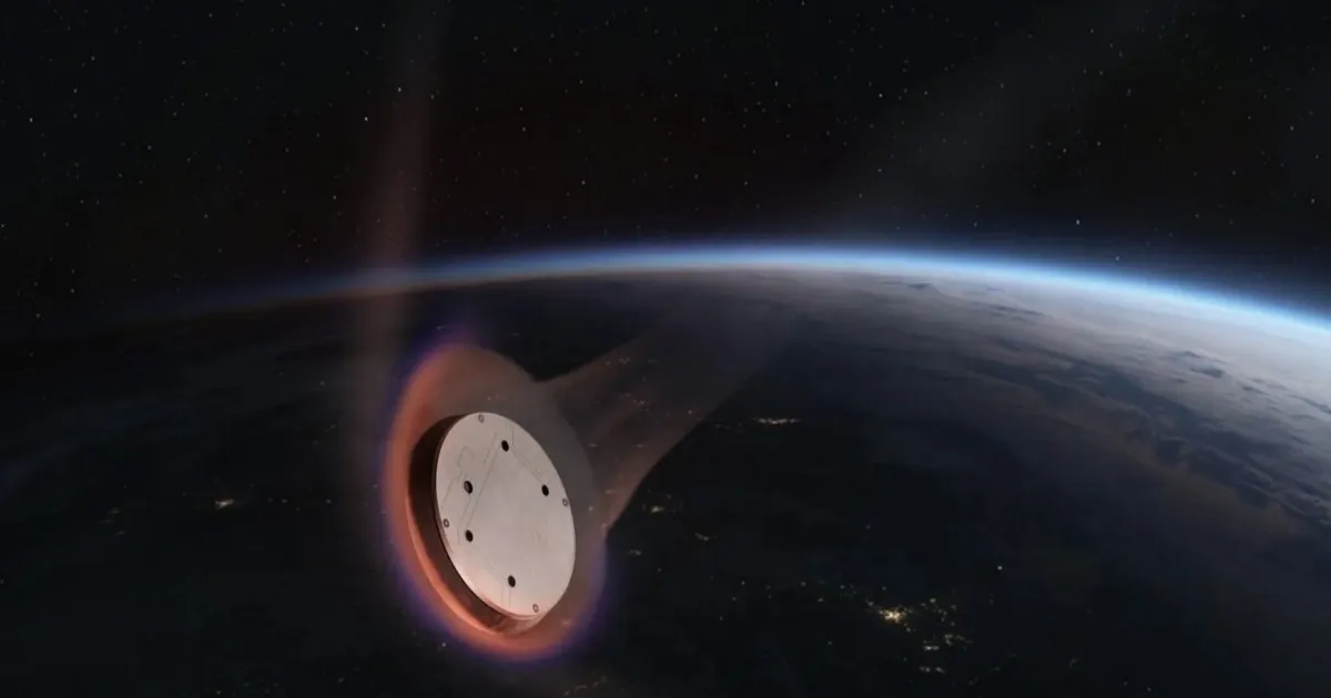 Ilustrasi kapsul ruang angkasa berbentuk piring terbang Starfall milik SpaceX saat memasuki atmosfer Bumi