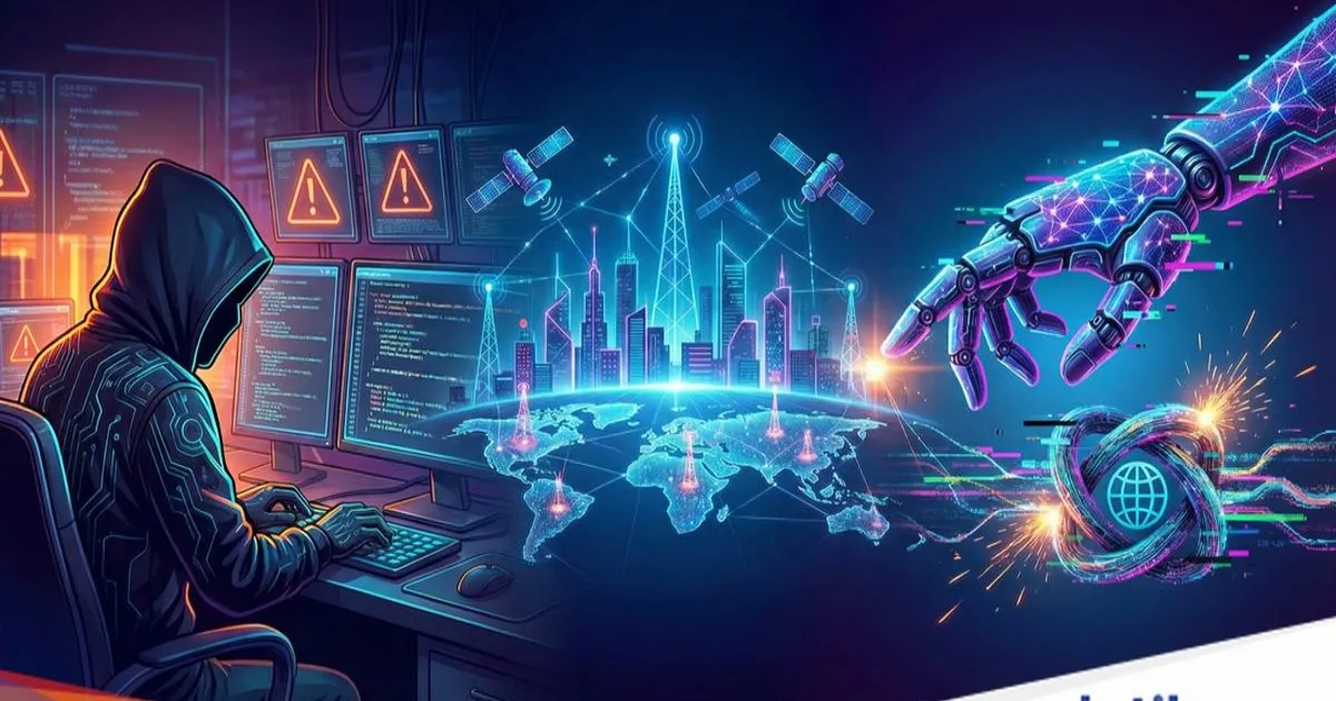 Ilustrasi keamanan cyber dengan latar belakang jaringan digital dan ikon kunci