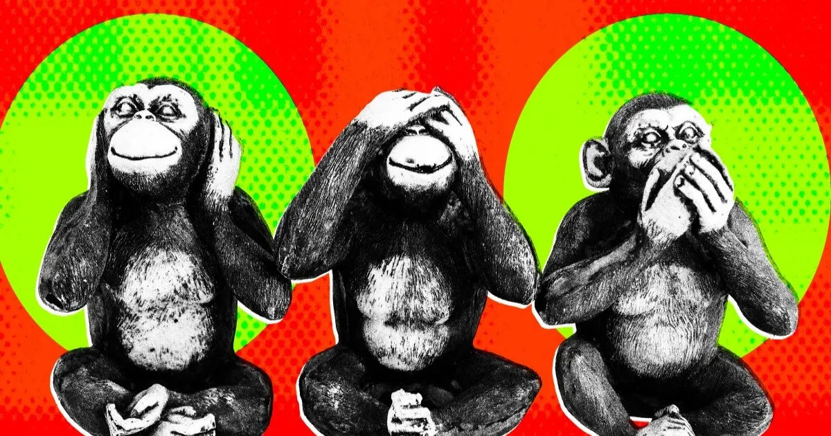 Ilustrasi grafis tiga patung monyet dalam pose "tidak melihat, mendengar, berbicara kejahatan" mewakili skeptisisme terhadap gelembung AI