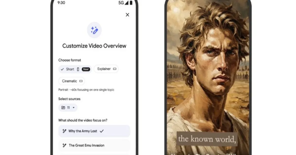 Tampilan fitur video AI NotebookLM Google dengan contoh video burung emu bergaya guntingan kertas
