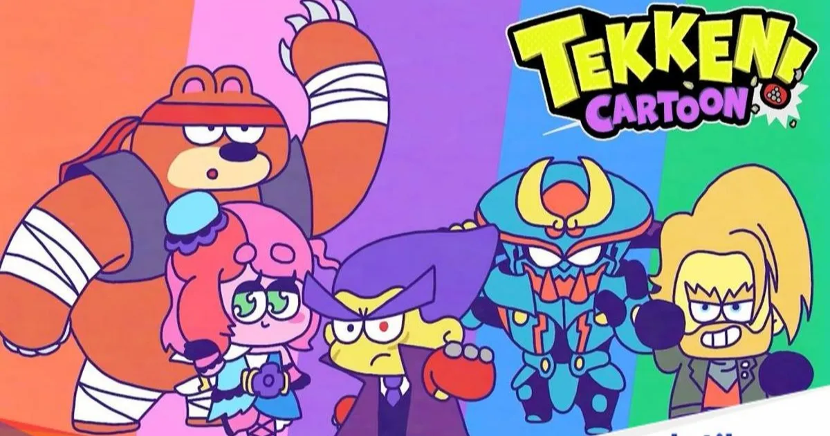 Ilustrasi karakter Tekken! Cartoon bergaya animasi Cartoon Network menampilkan Kuma, Alisa, Yoshimitsu, Kazuya Mishima, dan Paul dengan desain imut dan penuh warna.