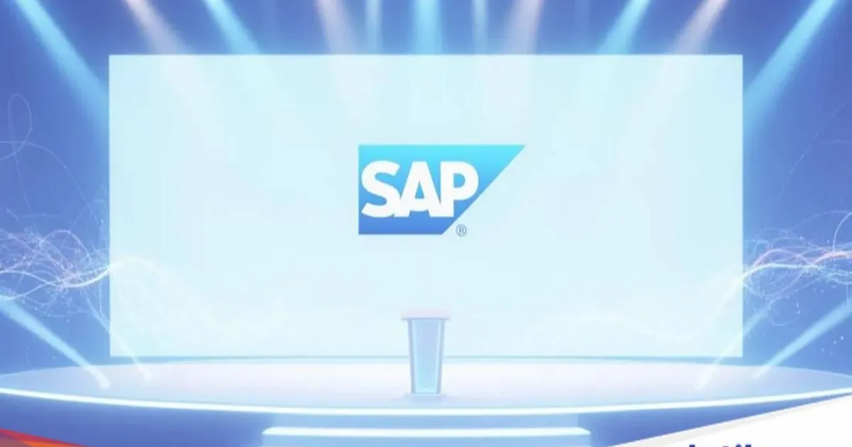 Ilustrasi logo SAP dengan latar belakang biru dan putih