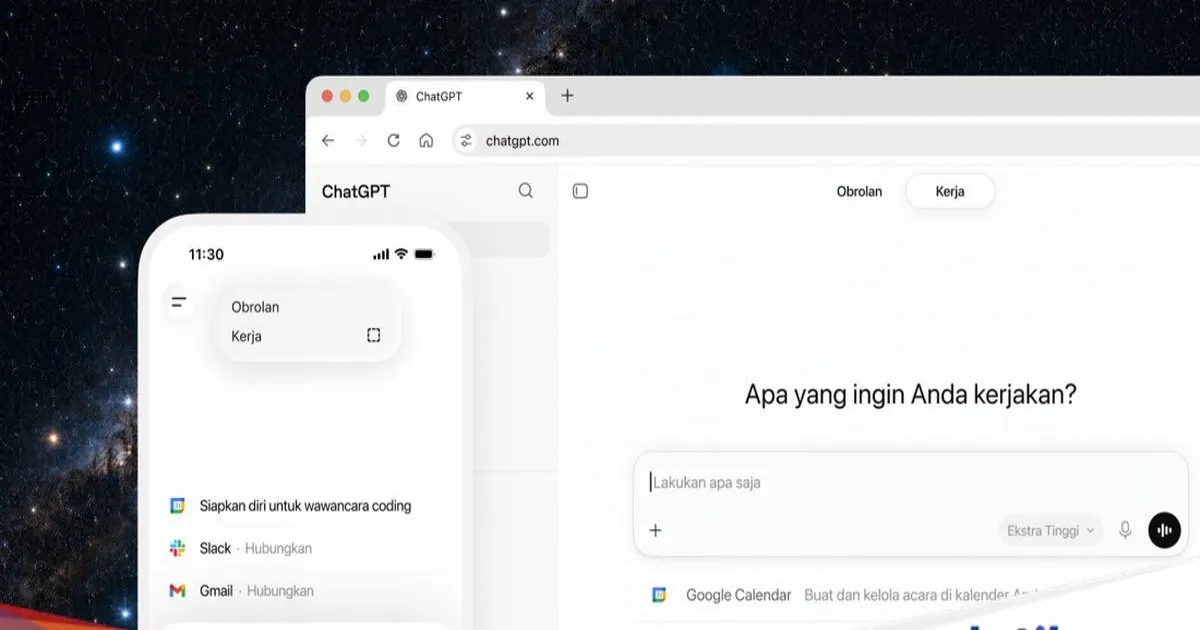 Tampilan antarmuka ChatGPT Work yang menunjukkan integrasi dengan berbagai aplikasi kerja