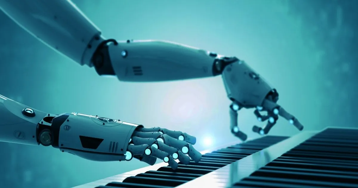 Ilustrasi tangan robotik memainkan piano dengan latar warna-warni