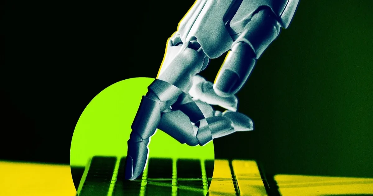 Ilustrasi tangan robotik menyentuh keyboard komputer dengan latar biru gelap
