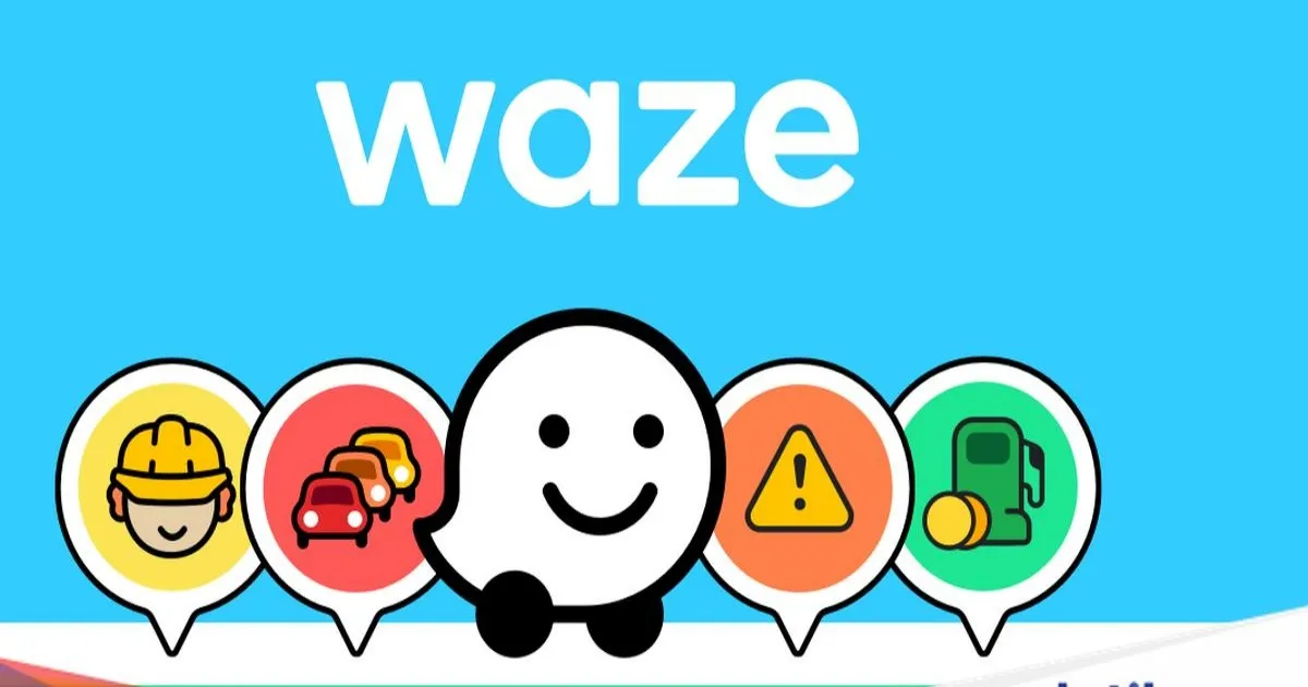 Aplikasi Waze di ponsel dengan latar belakang peta navigasi
