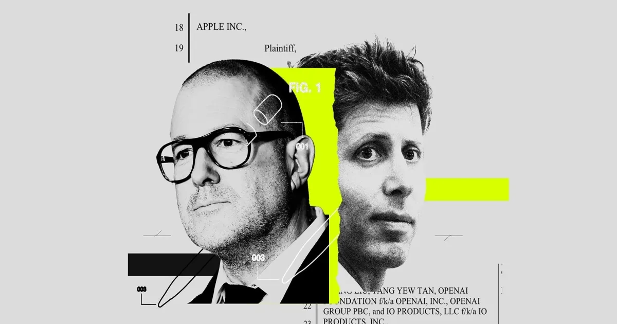 Logo Apple dan OpenAI bersebelahan dengan latar belakang ruang sidang