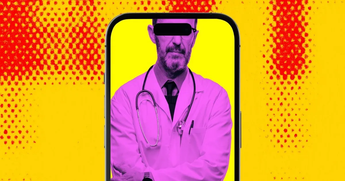 Ilustrasi komposit foto dokter dengan fitur wajah dikaburkan di layar ponsel