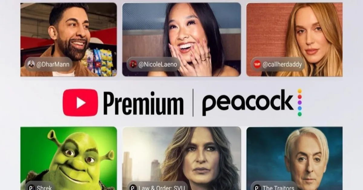 Ilustrasi logo YouTube Premium dan Peacock bersanding, menandakan kemitraan bundling layanan streaming.