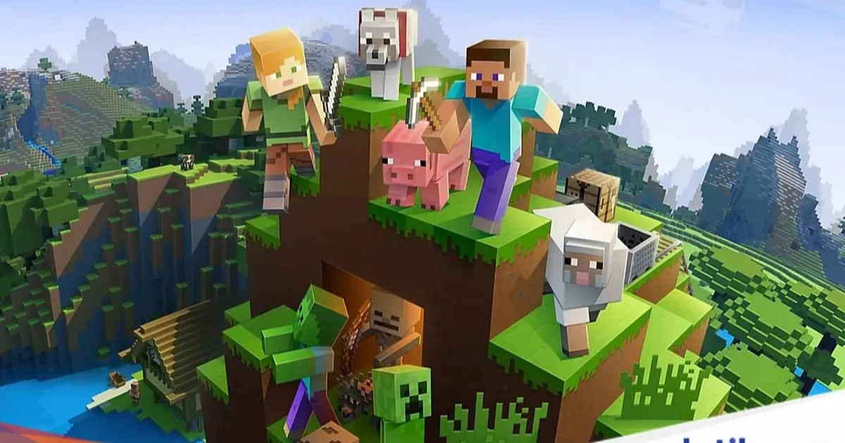 Ilustrasi game Minecraft dengan latar belakang dunia blok dan karakter pemain