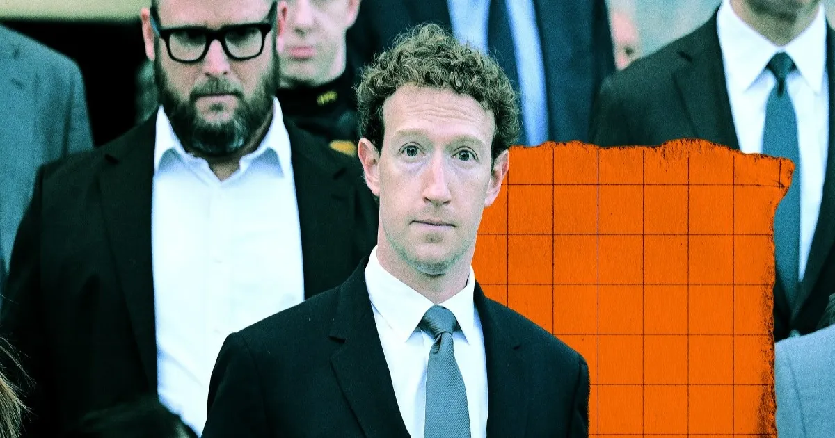 Ilustrasi Mark Zuckerberg dengan latar keuangan dan grafik saham Meta yang menurun, mencerminkan krisis AI dan finansial perusahaan.