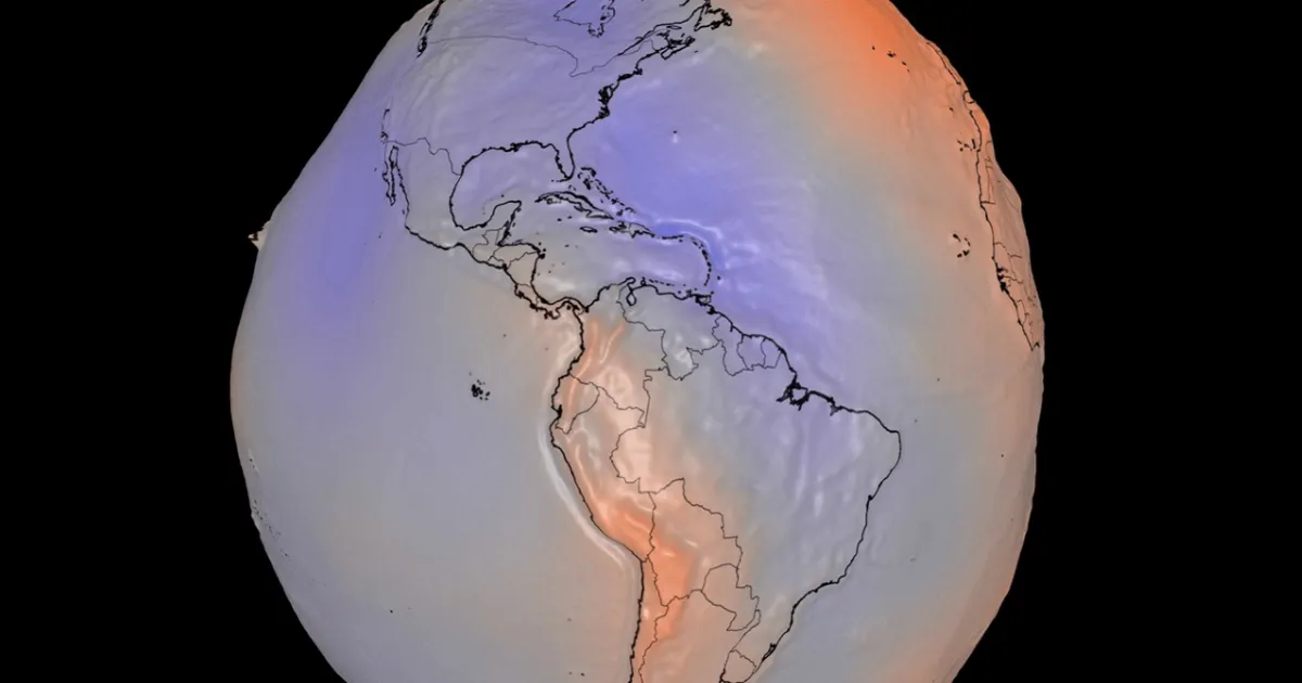 Visualisasi model geoid terbaru NASA yang menunjukkan variasi medan gravitasi Bumi