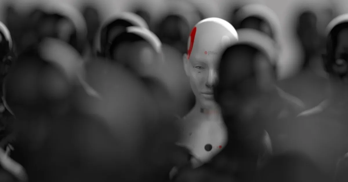 Robot humanoid putih dengan tanda merah di kepala dan leher di antara kerumunan figur humanoid gelap yang kabur