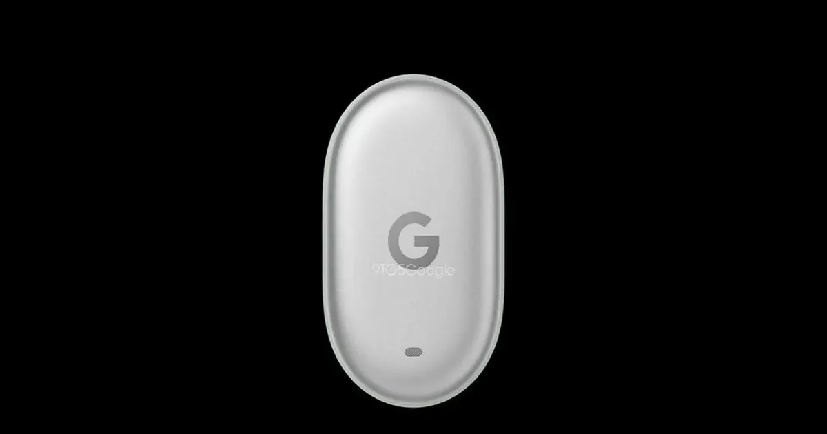 Ilustrasi Google Pixel Tag berbentuk oval kecil dengan speaker internal untuk pelacakan barang