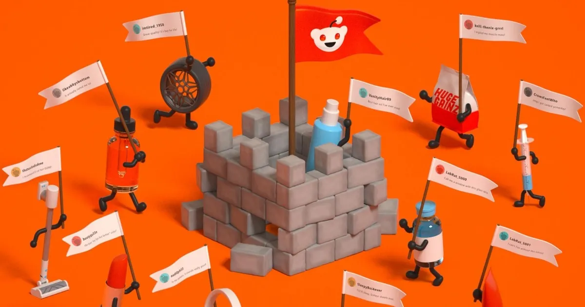 Ilustrasi logo Reddit dengan latar belakang teknologi AI dan chatbot